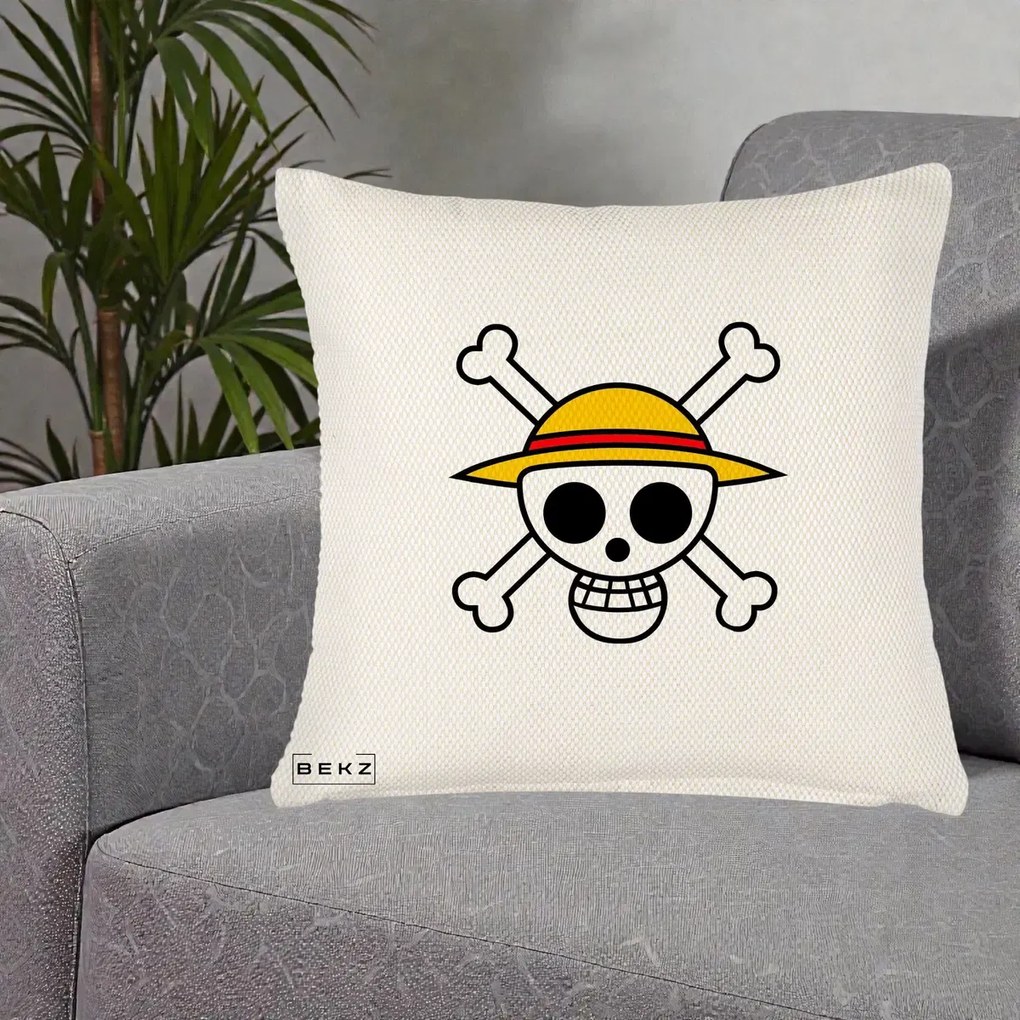 Perna Personalizata One Piece Jolly Roger Straw Hat Pirates, 40x40 cm, Crem Reliefat, Husa Detasabila, Perna Inclusa, BEKZ®