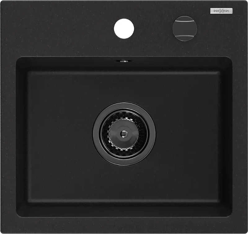 Mexen Milo chiuvetă de granit cu 1 compartiment 435 x 410 mm, negru, sifon negru - 6505441000-77-B