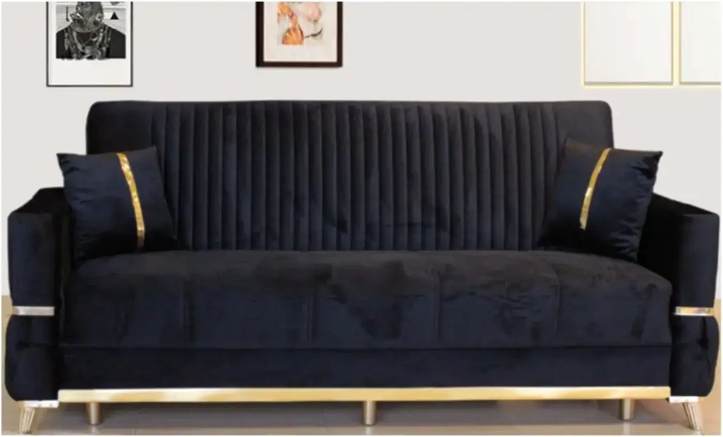 Canapea extensibila cu lada de depozitare 220x90x97 cm – stofa neagra, detalii aurii – Vegas