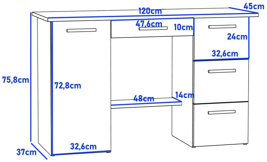 BIA520 - Birou 120 cm, masa de calculator cu 4 sertare si 1 dulap, office - Alb