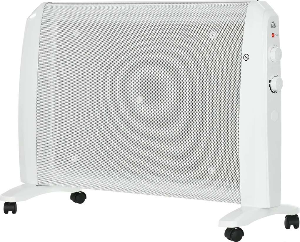 HOMCOM Radiator Electric Mică 1000W/2000W cu Termostat Reglabil, 15-20 m², 4 Roți, 79x27x54 cm, Alb | Aosom Romania