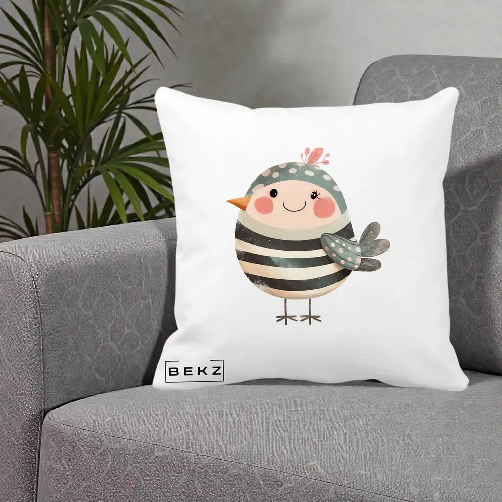 Perna Decorativa Pui Kawaii Teal cu Flori, 40x40 cm, Alba Mata, Husa Detasabila, Perna Inclusa, BEKZ®