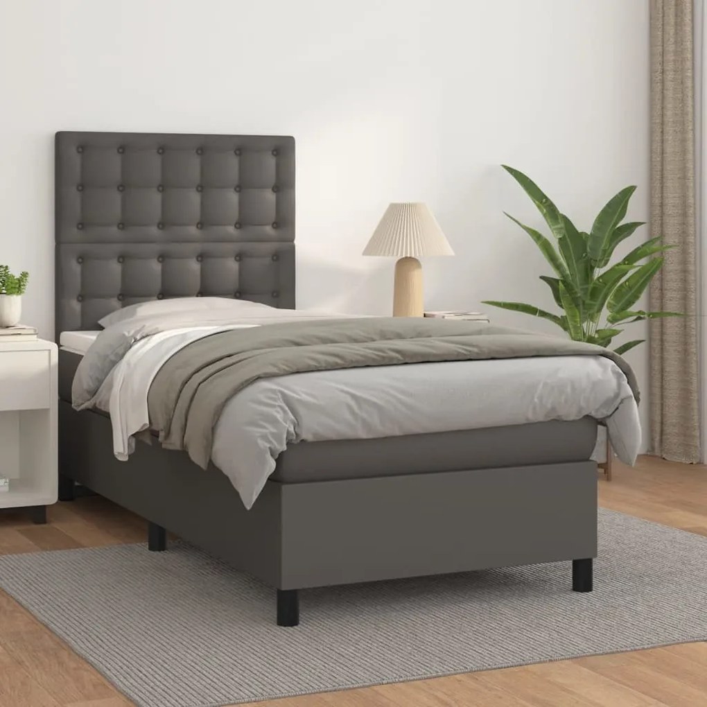 vidaXL Pat box spring cu saltea, gri, 90x200 cm, piele ecologică