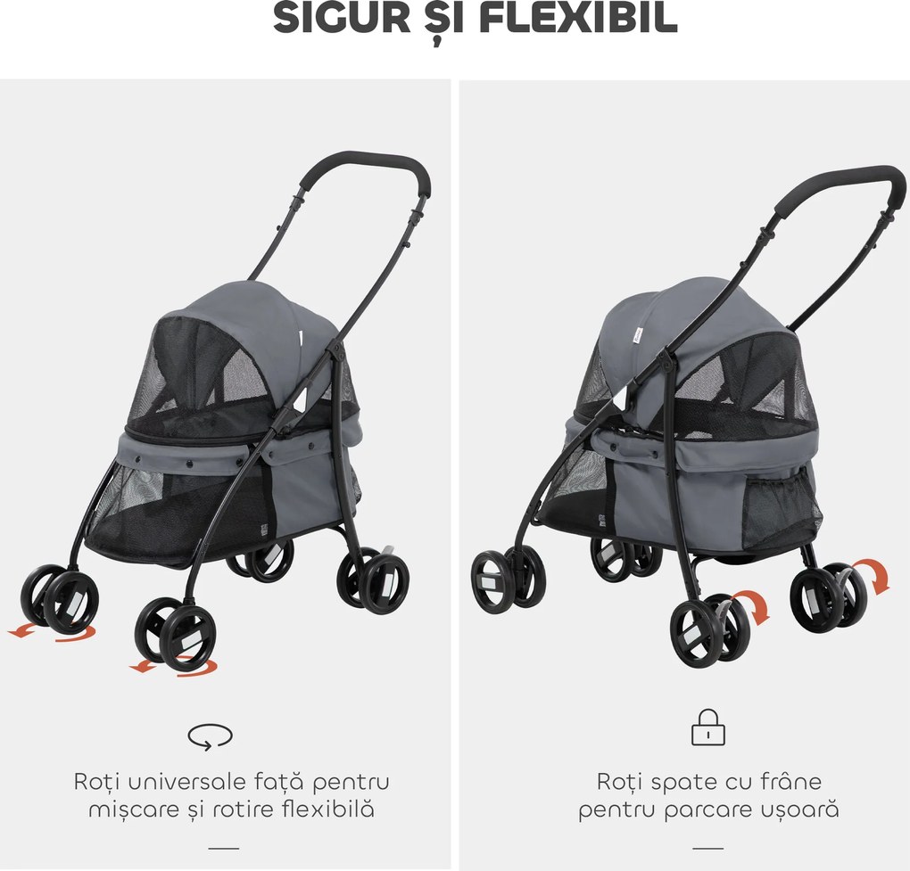 PawHut Cărucior Pliabil pentru Câini cu Acoperiș Reglabil, Geantă și 2 Lese, 82x47x97 cm, Gri | Aosom Romania