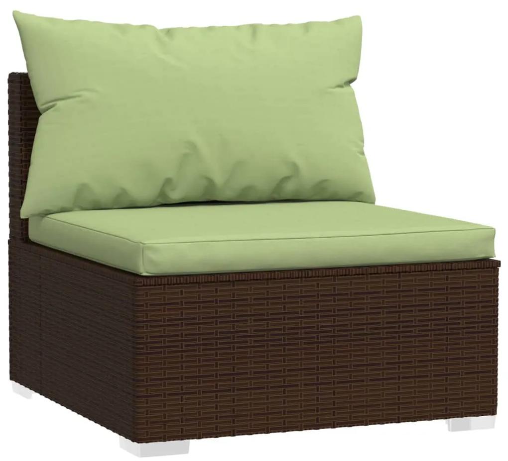 Set mobilier de gradina cu perne, 7 piese, maro, poliratan maro si verde, 4x mijloc + 2x colt + masa, 1
