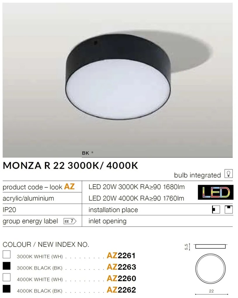 Plafoniera / Aplica pentru tavan/perete LED MONZA R 22 4000K neagra