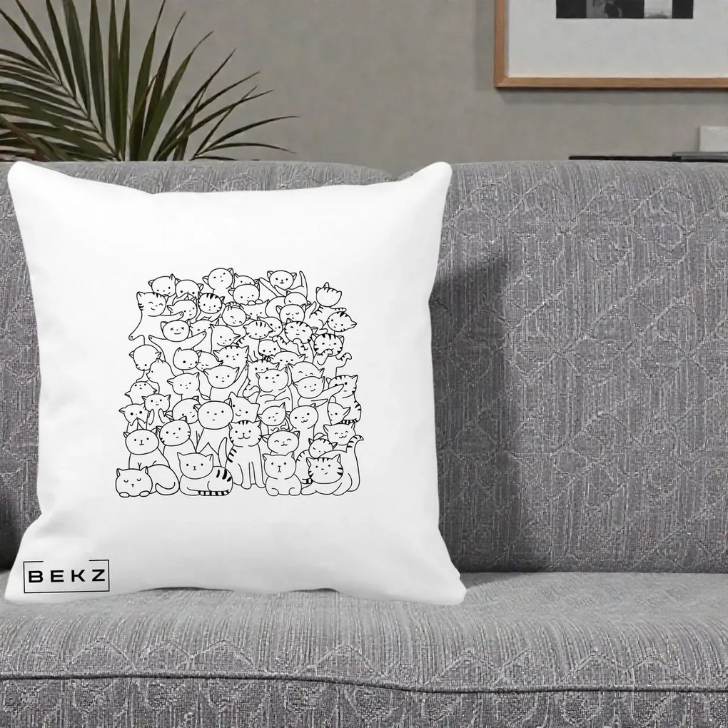 Perna Personalizata Many Cats Pattern Alb-Negru, 40x40 cm, Alba Mata, Husa Detasabila, Perna Inclusa, BEKZ®