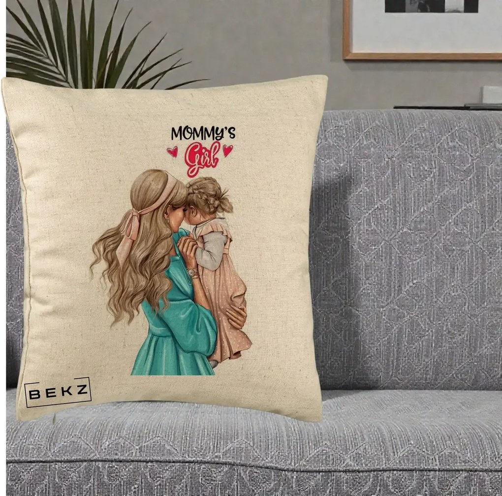 Cadou pentru Mama - Perna Personalizata Mommy's Girl Mama si Fetita, 40x40 cm, Bej, Husa Detasabila, Perna Inclusa, BEKZ®