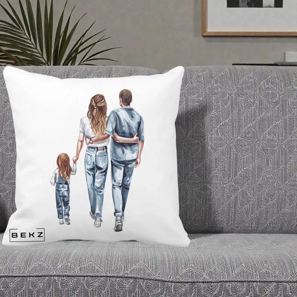 Cadou pentru Familie - Perna Personalizata Familie Acuarela Jeans, 40x40 cm, Alba Mata, Husa Detasabila, Perna Inclusa, BEKZ®