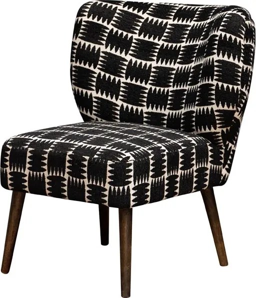 Fotoliu mic mid century, negru cu alb, din stofă cu motive geometrice în relief, cu picioare din lemn de mango, 64×74×76 cm, „Waka”