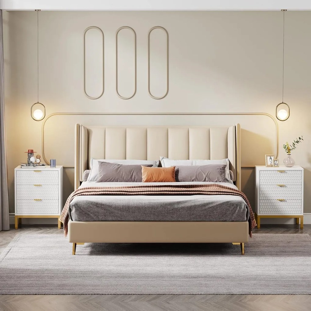NOA70 - Set 2x Noptiere 50 cm, cu 3 sertare, dormitor - Alb - Auriu