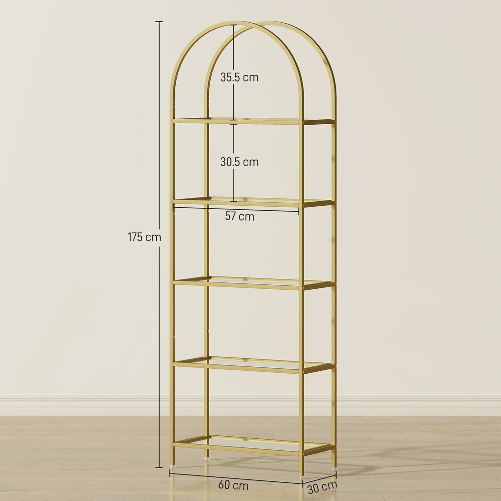 HOMCOM Raft de Depozitare Arcuit cu 5 Nivele din Oțel și Sticlă Securizată, 60x30x175 cm, Auriu | Aosom Romania