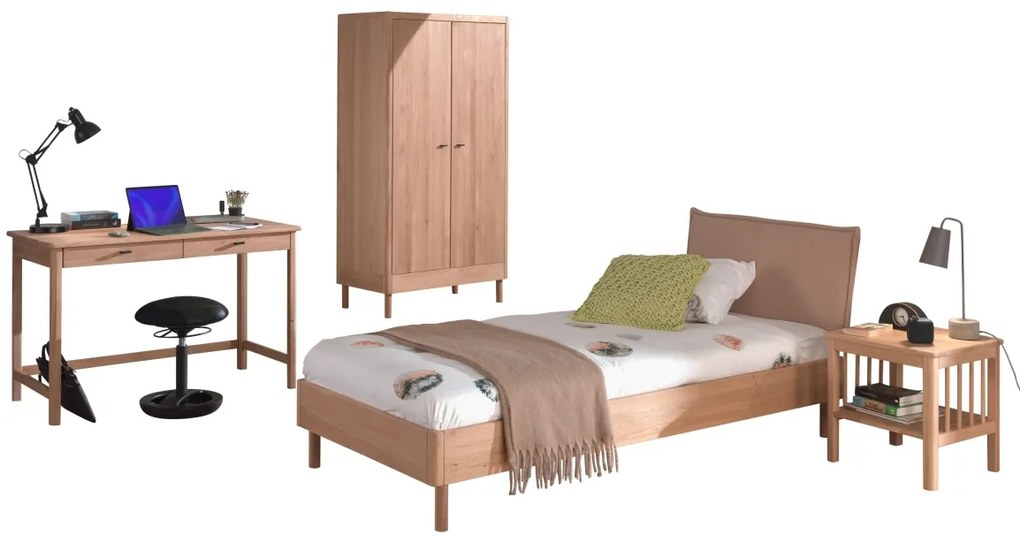 Set Complet Mobilier Camera Copii Forrest Oak, Pat 90x200 cm cu Tăblie Textilă, Dulap cu 2 Uși, Noptieră și Birou, din Lemn de Stejar, Natur – Vipack