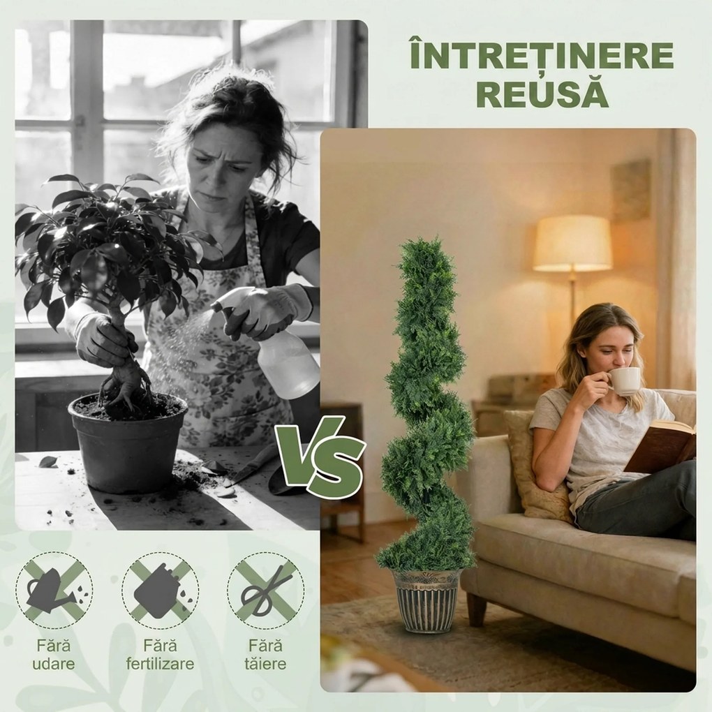 HOMCOM Set 2 Chiparoși Artificiali Spiralați 120 cm cu Ghiveci, pentru Decor Interior și Exterior, Verde | Aosom Romania