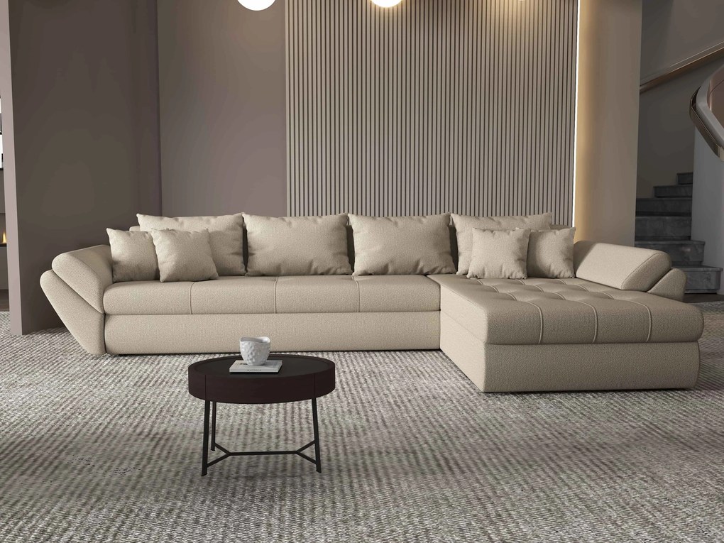 Colțar extensibil dumonde cu ladă de depozitare si sezut confortabil din spuma high-density, Loana XL Enjoy Camel II 335x185 cm