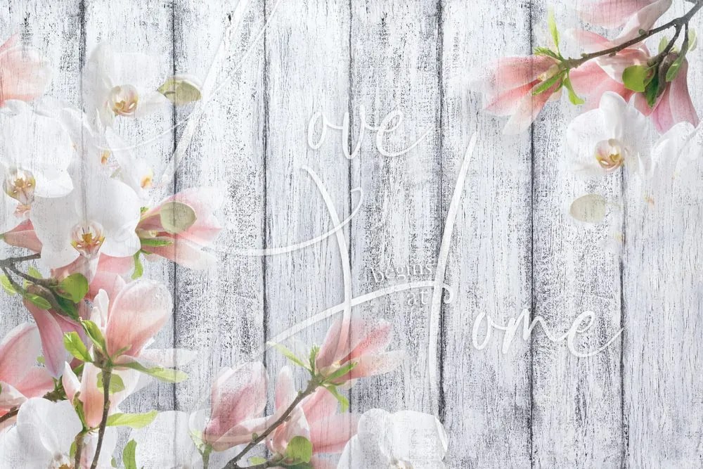Tapet orhidee vintage cu inscripție - Love begins at home
