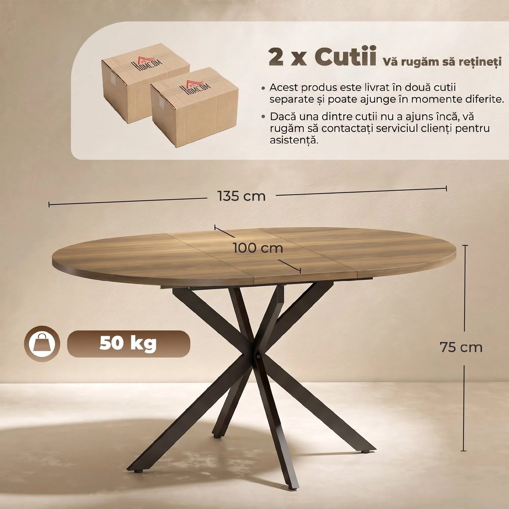 HOMCOM Masă de Sufragerie Extensibilă cu Picior în Formă de X, 100-135cm, Maro | Aosom Romania