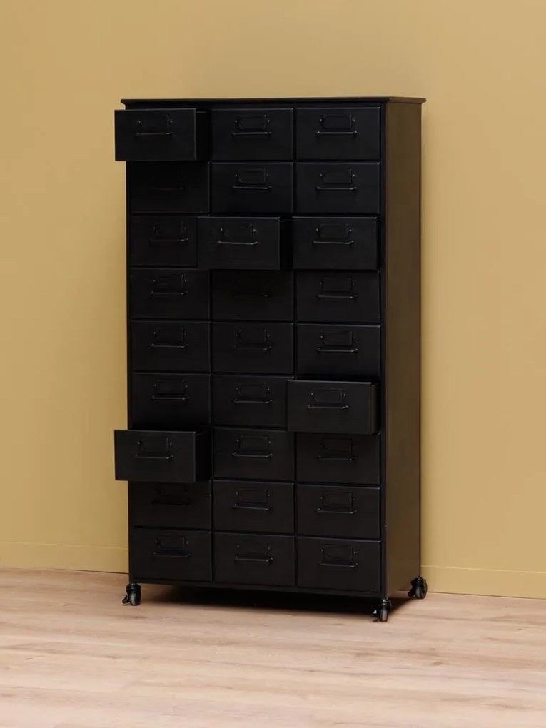 Dulap cu sertare vintage industrial din metal, negru, cu 27 de sertare, port-etichete și roți cu frână, finisaj antichizat, 132 x 76 x 37 cm, „Office”
