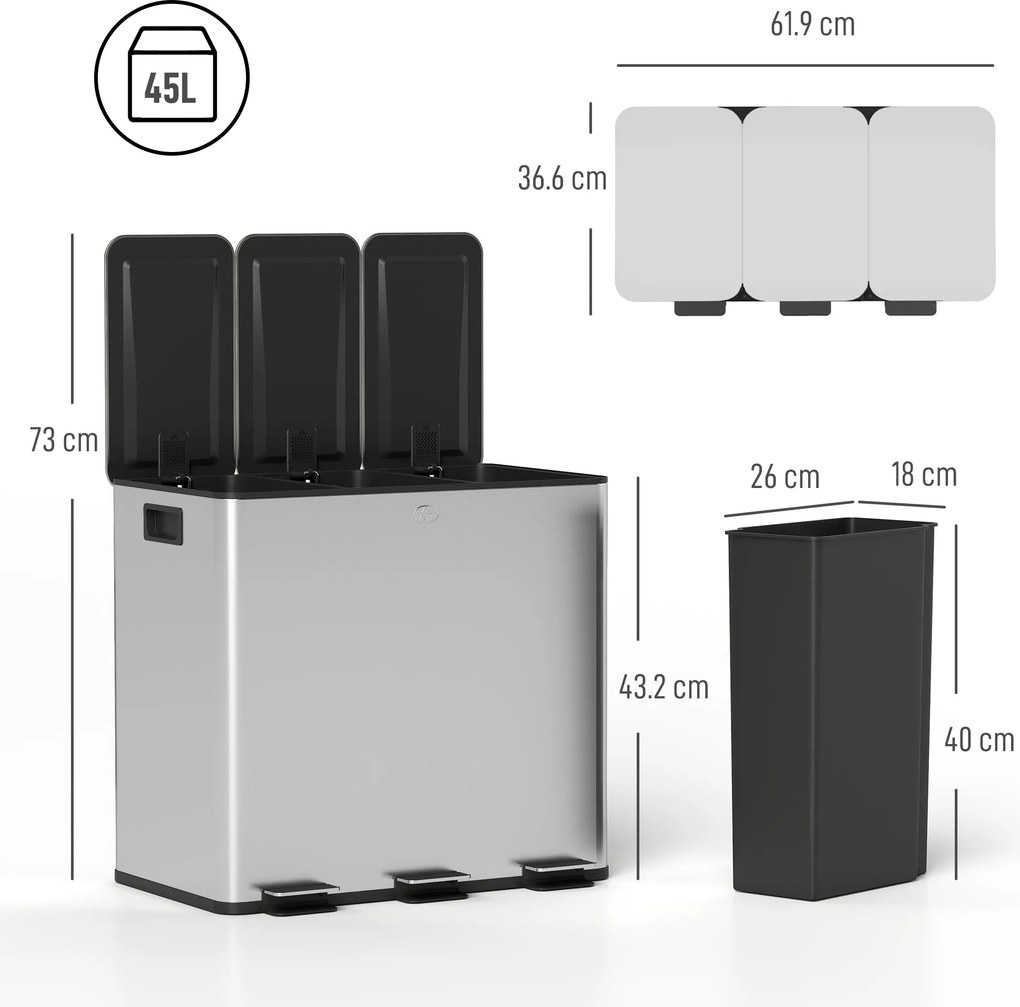 HOMCOM Pubelă de reciclare 45L cu 3 compartimente și închidere silențioasă, din oțel inoxidabil și PP, 61.9x36.6x43.2 cm, argintiu | Aosom Romania