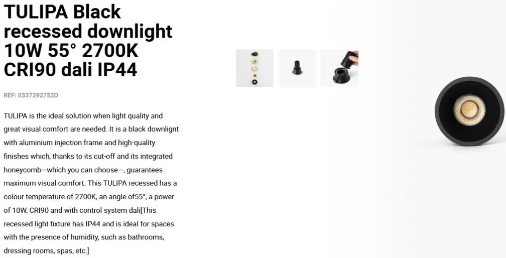 Spot LED incastrabil TULIPA Black recessed downlight 10W 55° 2700K CRI90 dali IP44