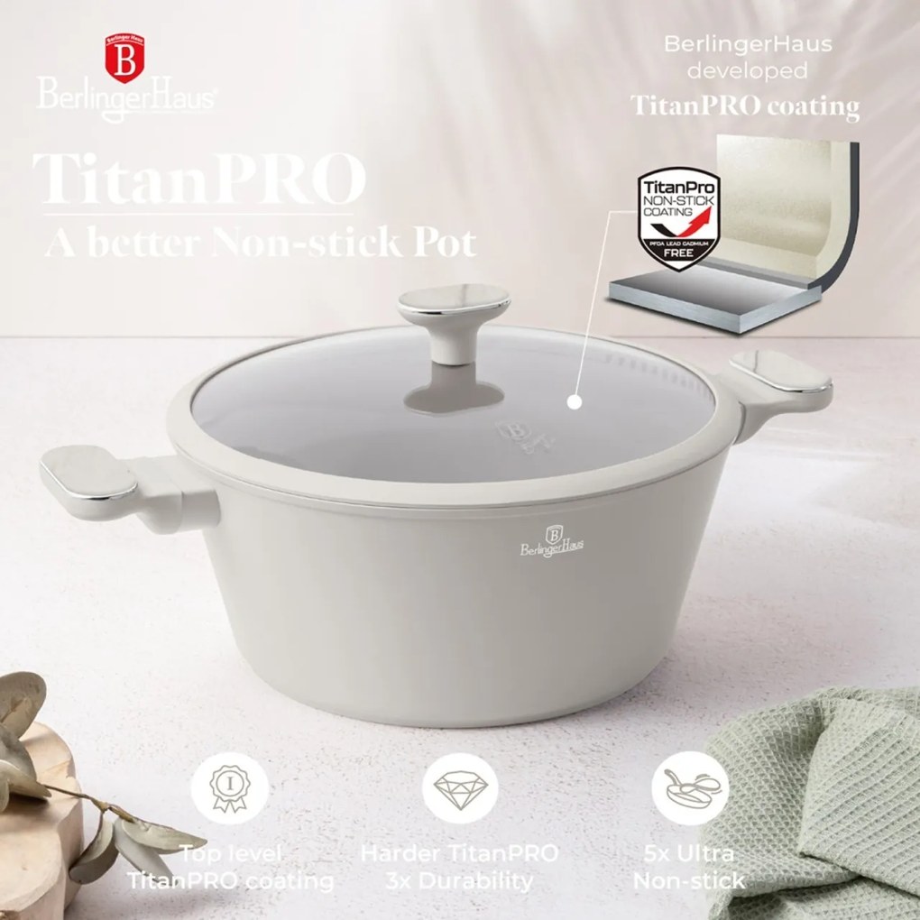 Set oale si tigai cu capace 15 piese Sahara Marble Berlinger Haus BH8401, crem, antiaderente, compatibile inductie