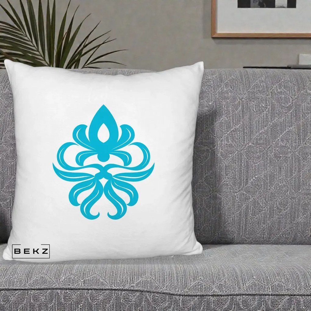 Perna Decorativa Ornament Turcoaz Fleur de Lis, 40x40 cm, Alb Pufos, Husa Detasabila, Perna Inclusa, BEKZ®