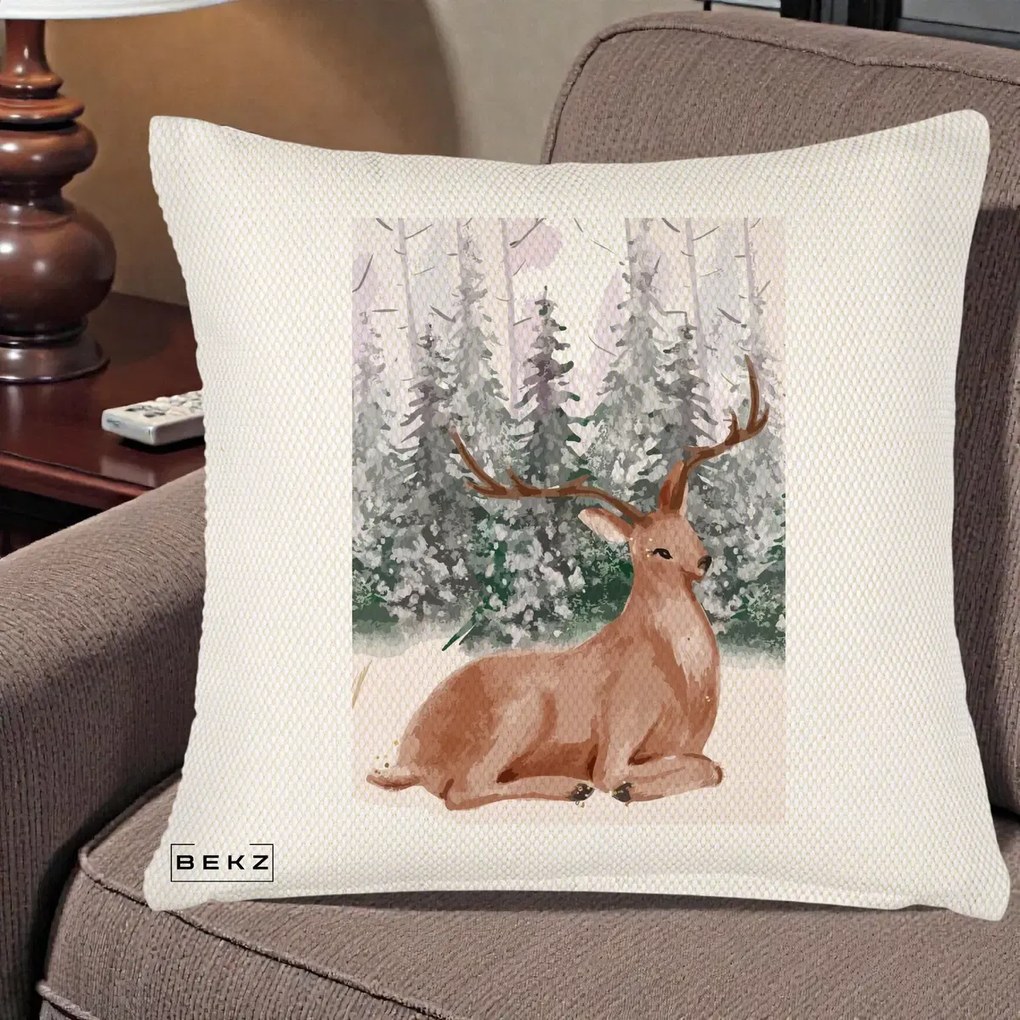 Perna Decorativa Ren in Padure Roz Moale, 40x40 cm, Crem Reliefat, Husa Detasabila, Perna Inclusa, BEKZ®