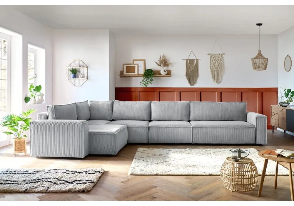 Colțar gri deschis cu tapițerie din catifea reiată (cu colț pe partea stângă ) Nihad modular – Bobochic Paris