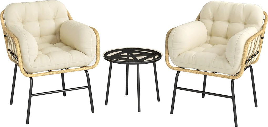 Outsunny Set mobilier exterior 3 piese din rășină împletită, masă din sticlă securizată, 2 fotolii cu perne, 62x73x79cm, Kaki | Aosom Romania