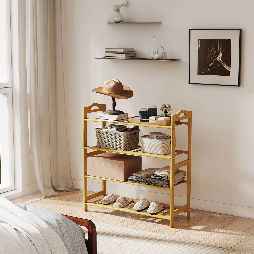 HOMCOM Etajeră pentru pantofi din bambus cu 4 nivele, suport pentru 12 perechi, 67,5 x 24,7 x 72 cm, efect lemn natural | Aosom Romania