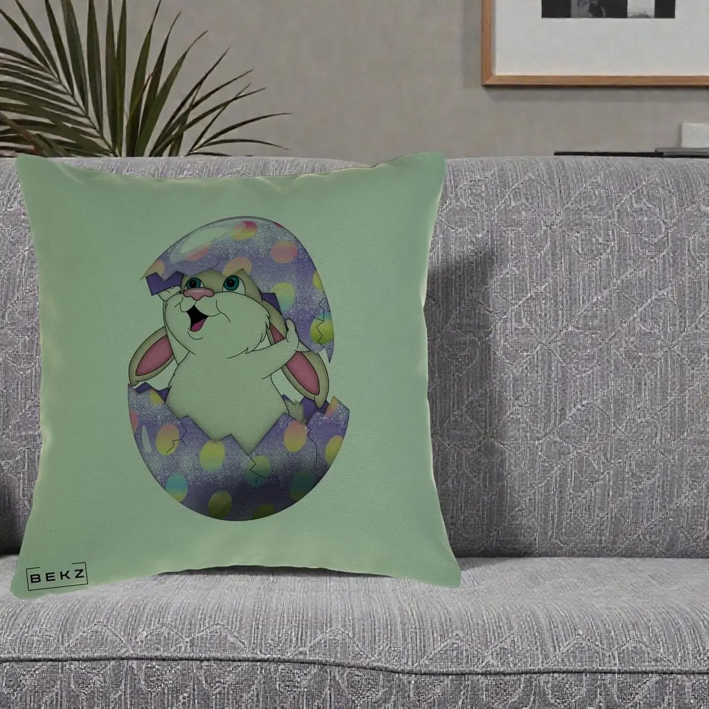 Perna Decorativa Iepuras din Ou de Pasti, 40x40 cm, Verde, Husa Detasabila, Perna Inclusa, BEKZ®