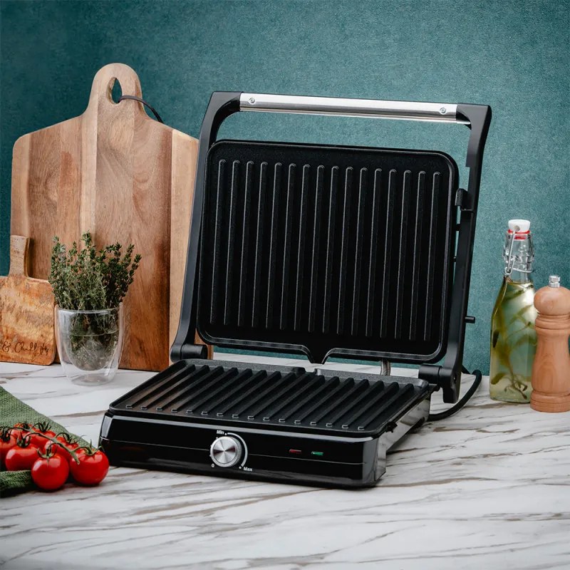 Gratar electric Rosberg R51442M, 2000W, Placi antiaderente-29x23 cm, Deschidere 180°C, Inox/Negru