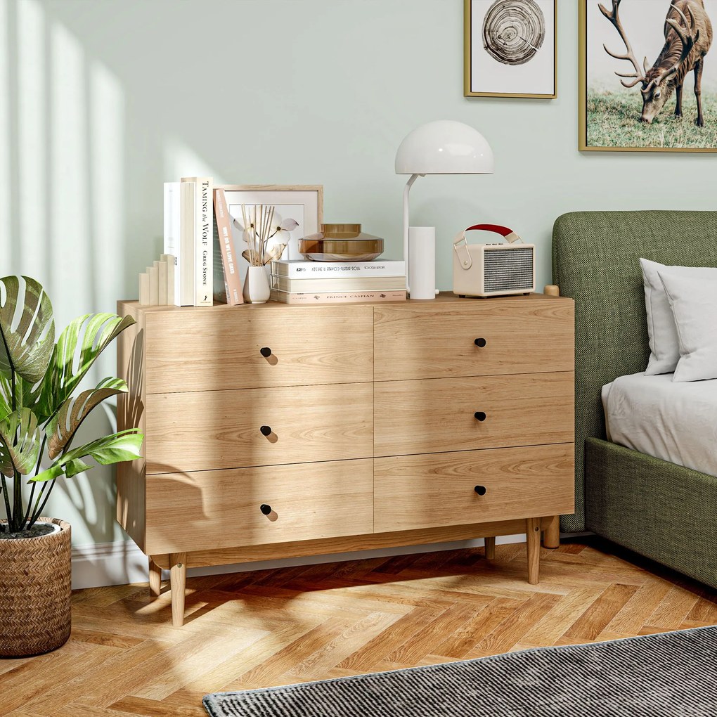 HOMCOM Comodă 6 sertare mobilier de depozitare picioare din lemn masiv 120 x 40 x 80 cm culoare lemn | Aosom Romania