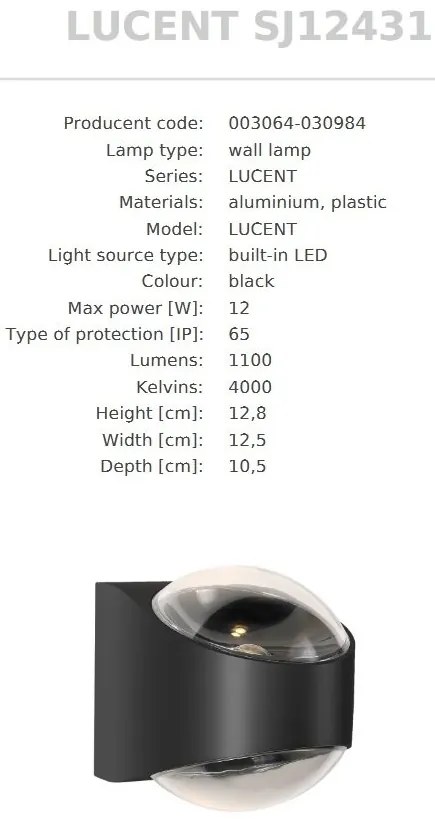 Aplica de perete Exterior, Protectie IP64, LED LUCENT