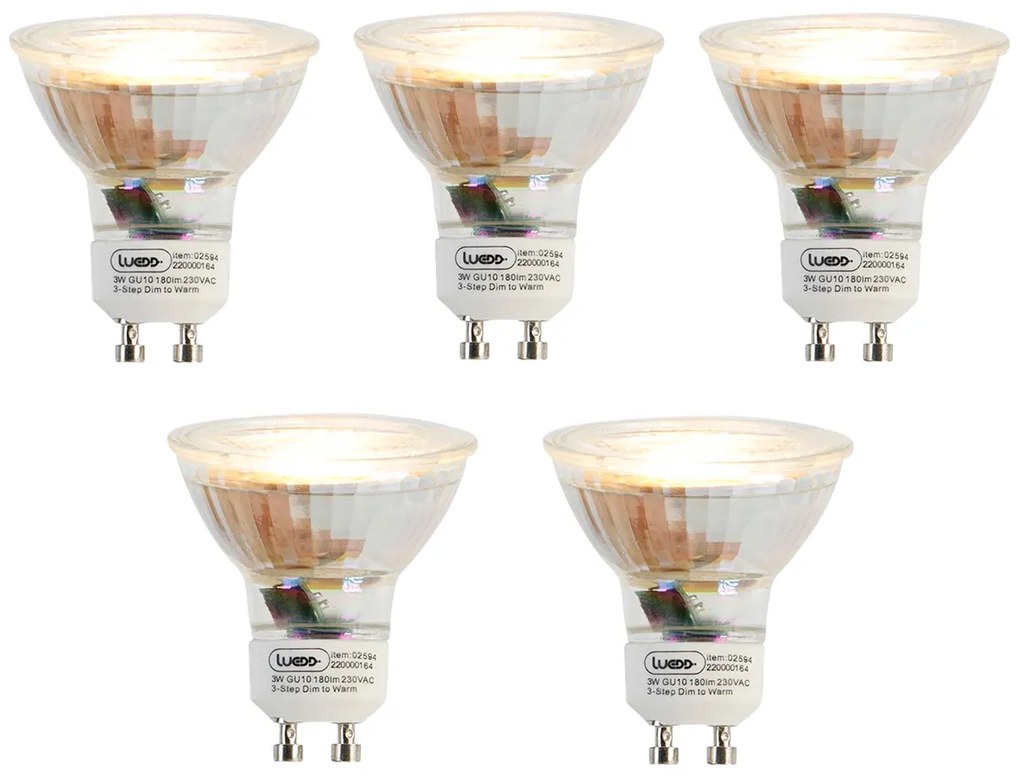 Set de 5 becuri LED GU10 reglabile în 3 trepte Kelvin 3W 180lm 2000K-2700K