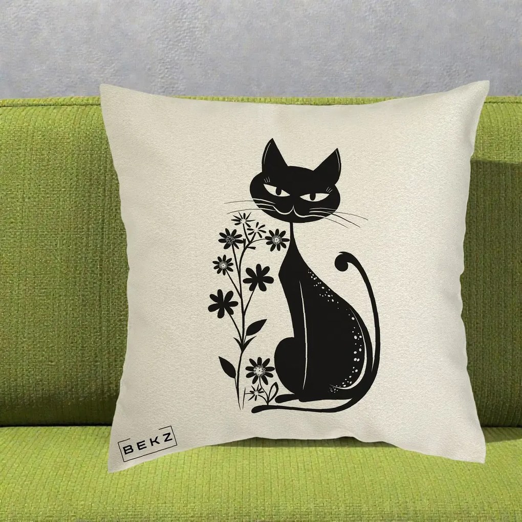 Perna Decorativa Pisica Neagra Grafica Minimalista, 40x40 cm, Ecru, Husa Detasabila, Perna Inclusa, BEKZ®