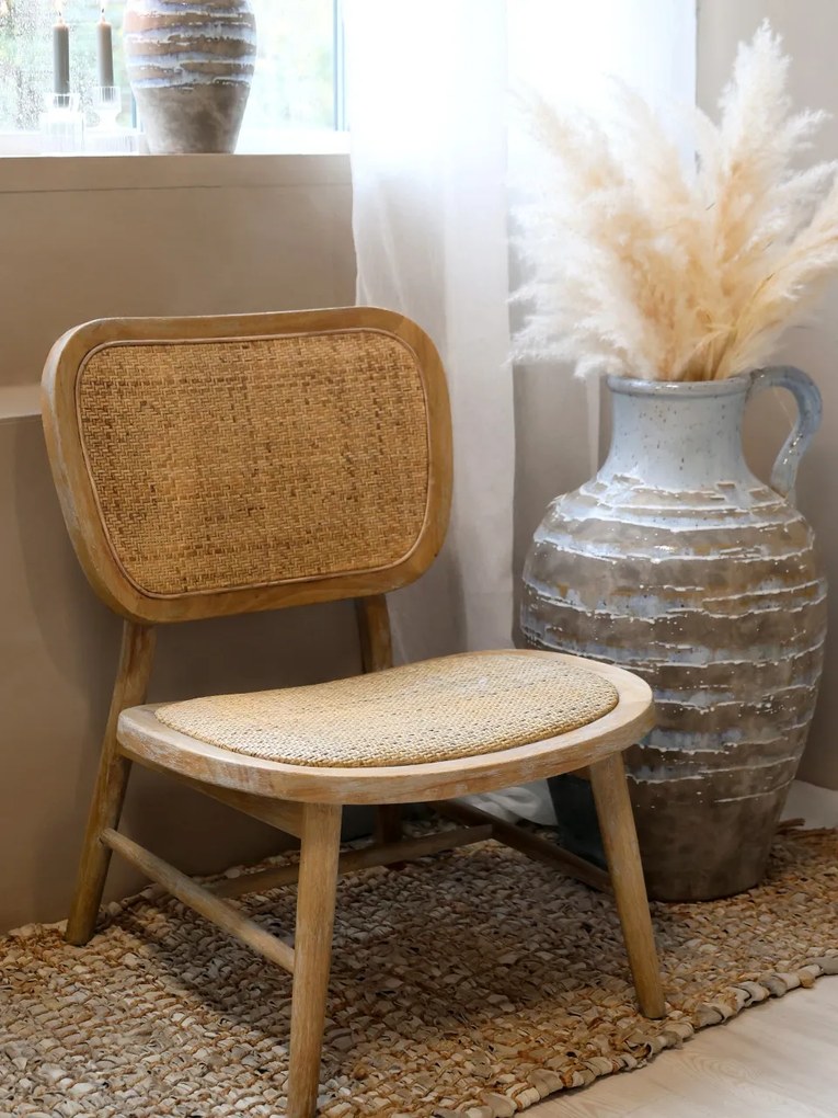 Scaunel din lemn de cauciuc si rattan, cu aspect vintage, French