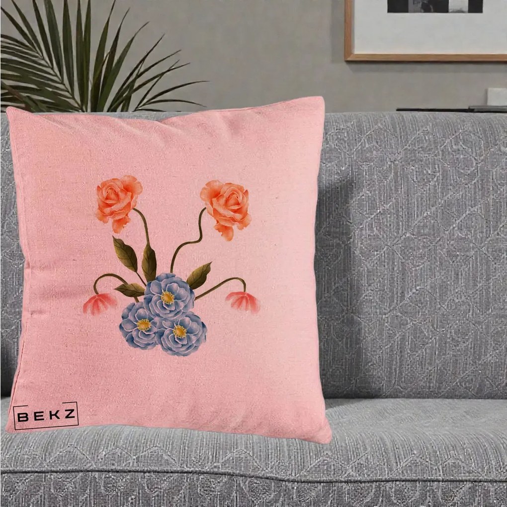 Perna Decorativa Trandafiri si Bujori Acuarela, 40x40 cm, Roz, Husa Detasabila, Perna Inclusa, BEKZ®