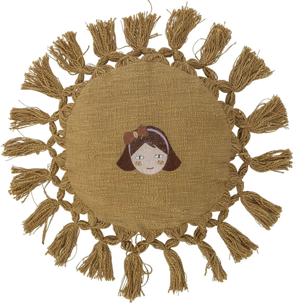 Pernă rotundă din bumbac galben muștar cu fetiță brodată și ciucuri, 35 cm, „Elinna"
