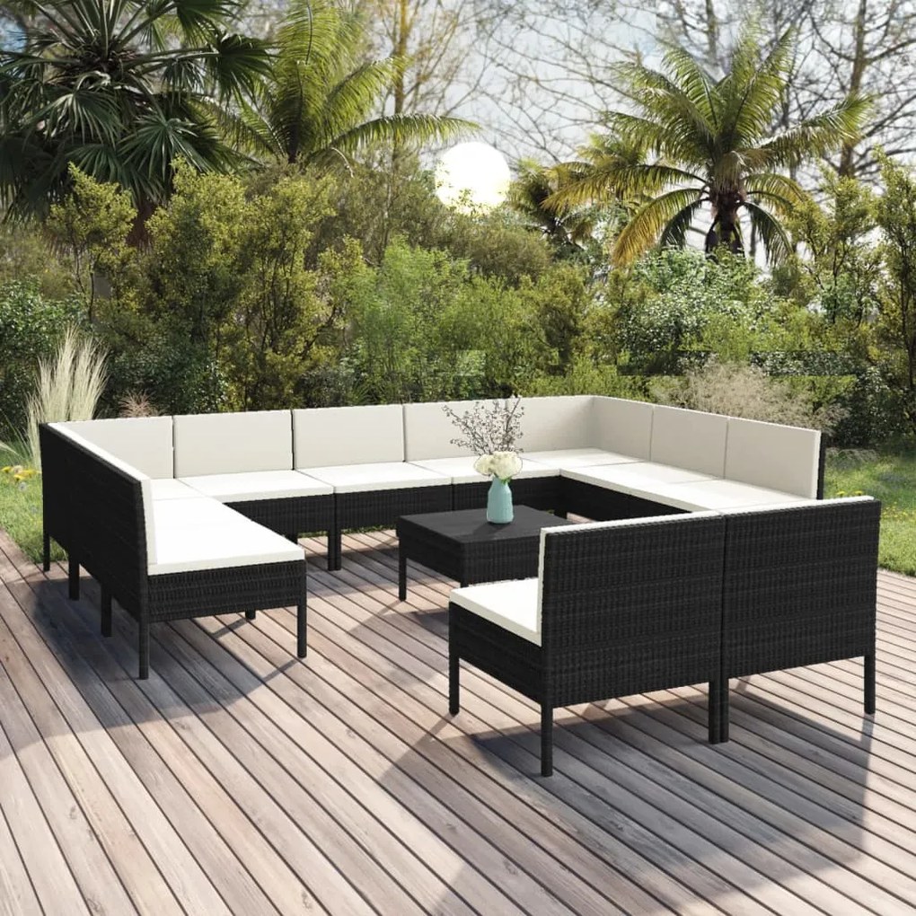 3094608 vidaXL Set mobilier de grădină cu perne, 12 piese, negru, poliratan