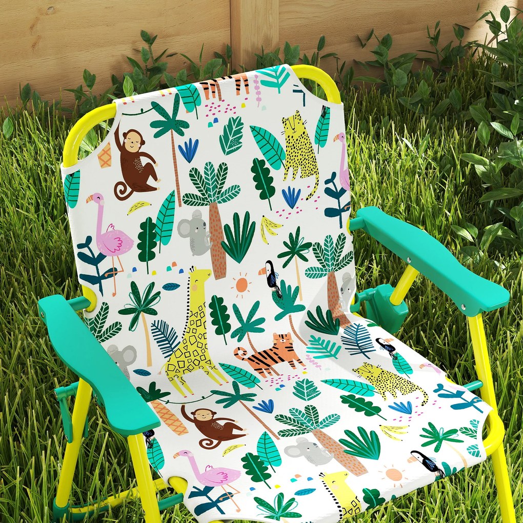 AIYAPLAY Masă de Picnic pentru Copii, Set Masă și Două Scaune Pliabile cu Umbrelă Demontabilă, Tematică Jungle, Mobilier de Exterior pentru Grădină, Terasă, Verde | Aosom Romania