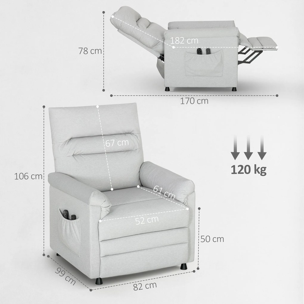 HOMCOM Fotoliu Relaxant Electric cu Masaj și Încălzire și Suport pentru Picioare, Silențios, Fotoliu Reclinabil 150° în Catifea Prietenoasă cu Animalele cu Funcție de Memorare, 2 Telecomenzi pentru Sufragerie, Gri Deschis | Aosom Romania