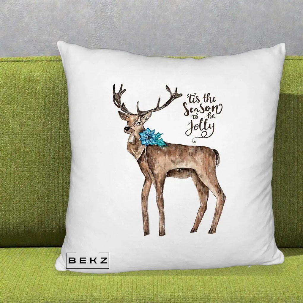 Perna Decorativa Ren Tis the Season to be Jolly, 40x40 cm, Alb Pufos, Husa Detasabila, Perna Inclusa, BEKZ®
