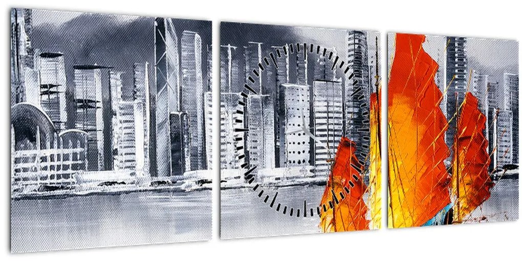 Tablou - Victoria Harbour, Hong Kong, pictură în ulei alb- negru (cu ceas) (90x30 cm)