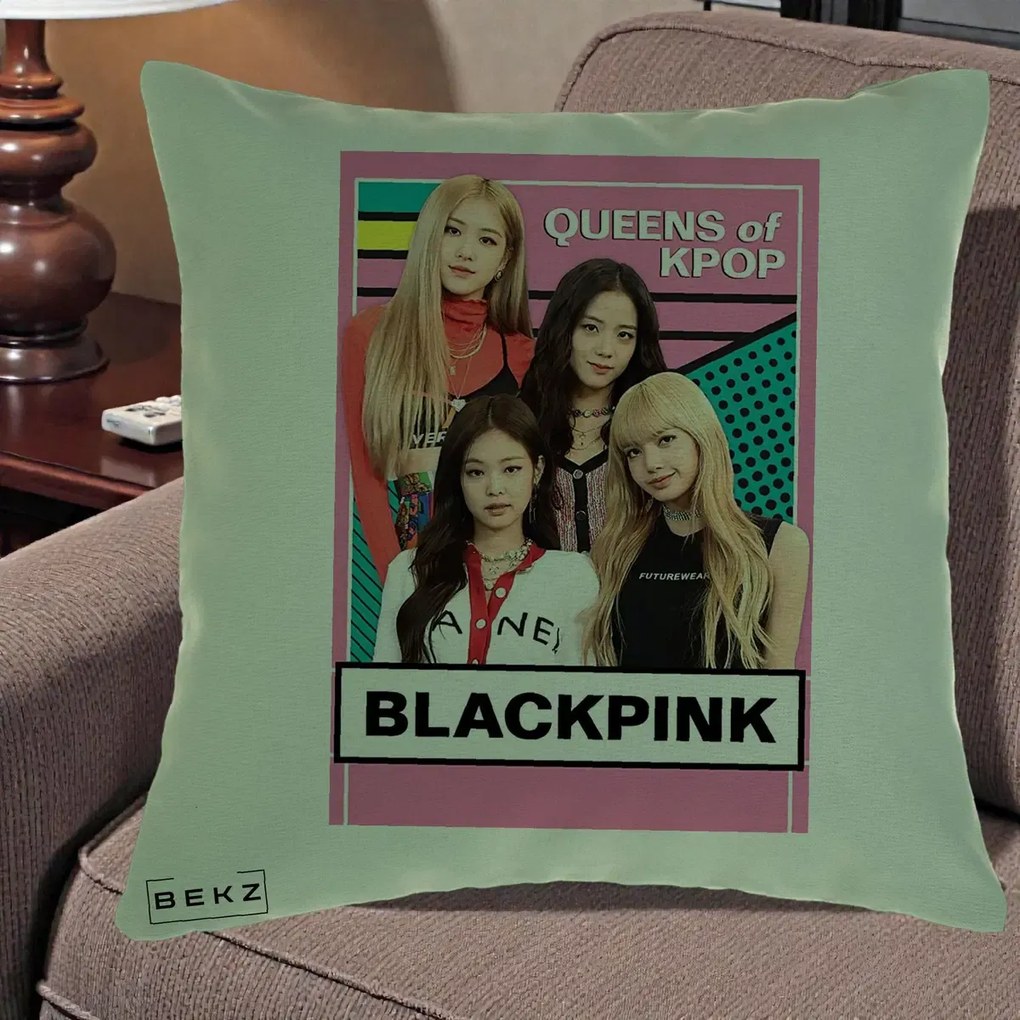 Perna Personalizata BLACKPINK Queens of Kpop, 40x40 cm, Verde, Husa Detasabila, Perna Inclusa, BEKZ®