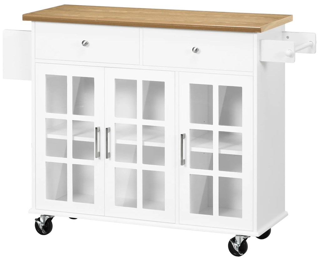 HOMCOM Cărucior de bucătărie cu roți Insulă de bucătărie cu 2 sertare 3 uși din sticlă securizată suport prosop 124,5x39,5x90 cm Alb | Aosom Romania