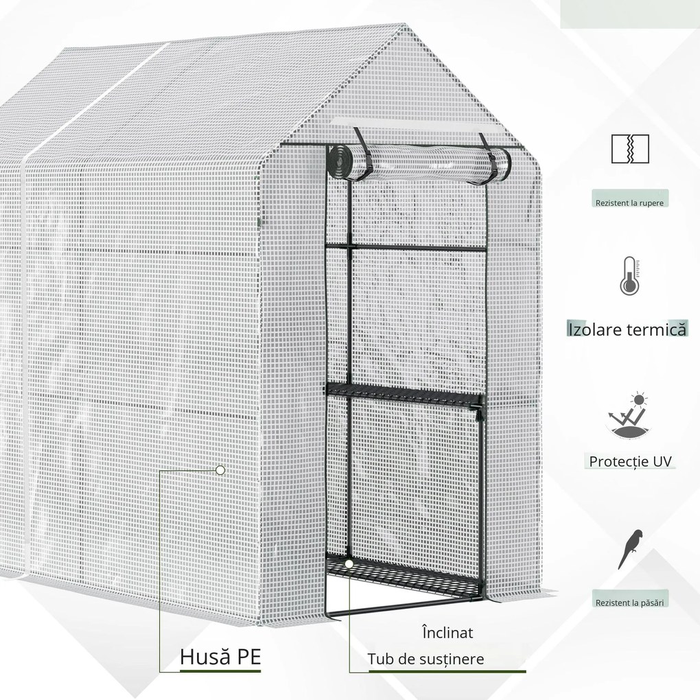 Outsunny Seră cu Ușă Rulabilă și 4 Rafturi, Seră pentru Creșterea Plantelor și Florilor în Aer Liber, 120x186x190 cm, Alb | Aosom Romania