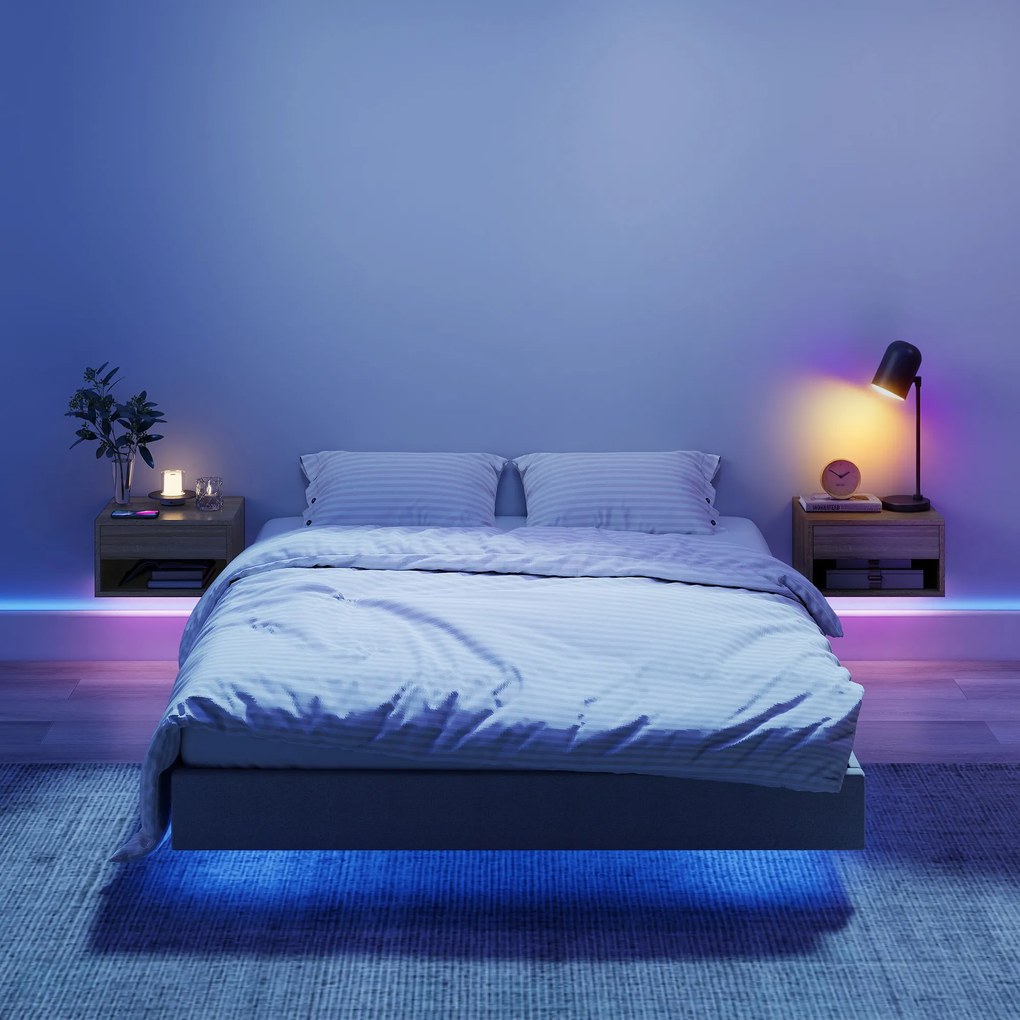 HOMCOM Set 2 Noptiere Suspendate cu LED Integrat și Reglabil prin Aplicație, Sertar și Raft, 37x32x21 cm, Nuanță de Lemn | Aosom Romania