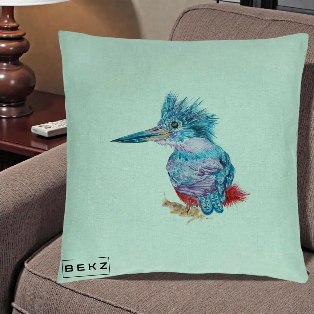 Perna Decorativa Pasare Martin Pescar Acuarela Albastru-Mov, 40x40 cm, Verde Menta, Husa Detasabila, Perna Inclusa, BEKZ®