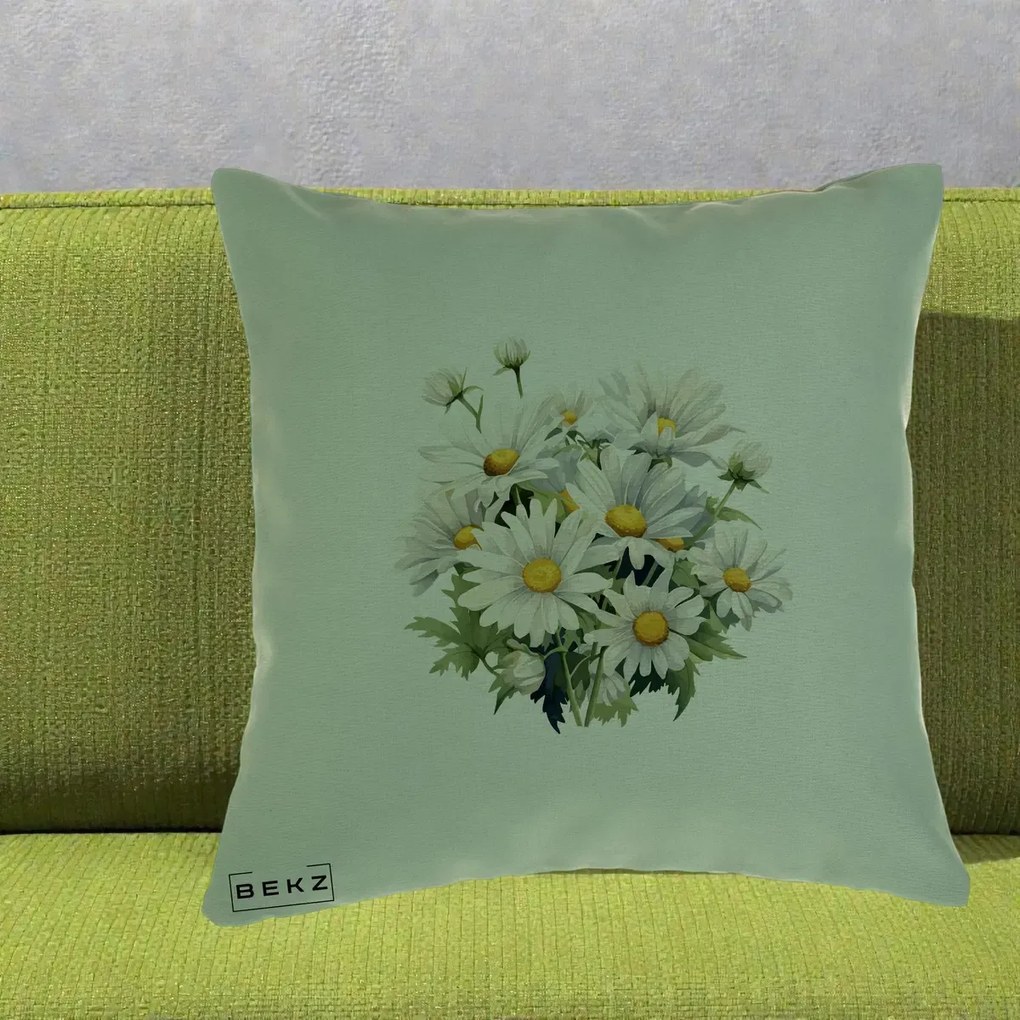 Perna Decorativa Buchet Margarete Albe Acuarela, 40x40 cm, Verde, Husa Detasabila, Perna Inclusa, BEKZ®